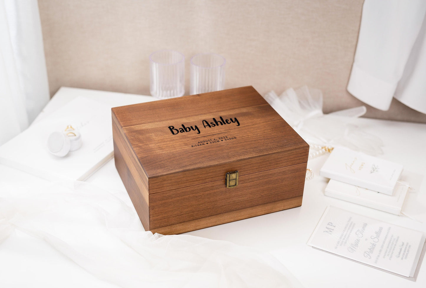 Wood Storage Box w/ Hinge Lid (D4) - Engraved Keepsake Memory Box Photos Letters Cards for Baby, New Mom and Dad Gifts, Baby Shower Card Box
