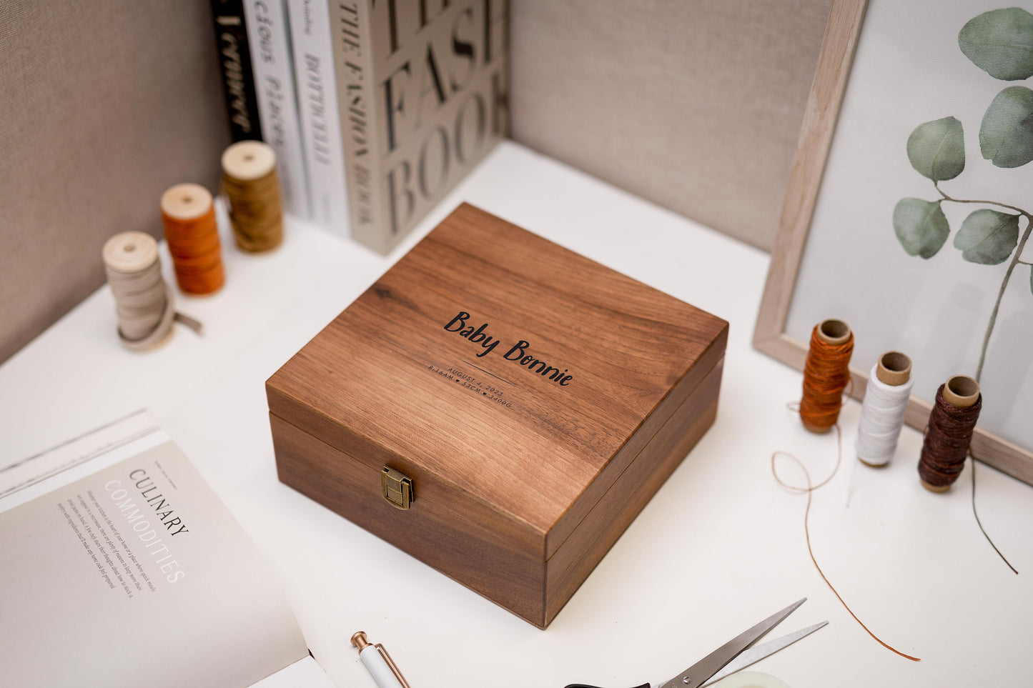 Wood Storage Box w/ Hinge Lid (D4) - Engraved Keepsake Memory Box Photos Letters Cards for Baby, New Mom and Dad Gifts, Baby Shower Card Box