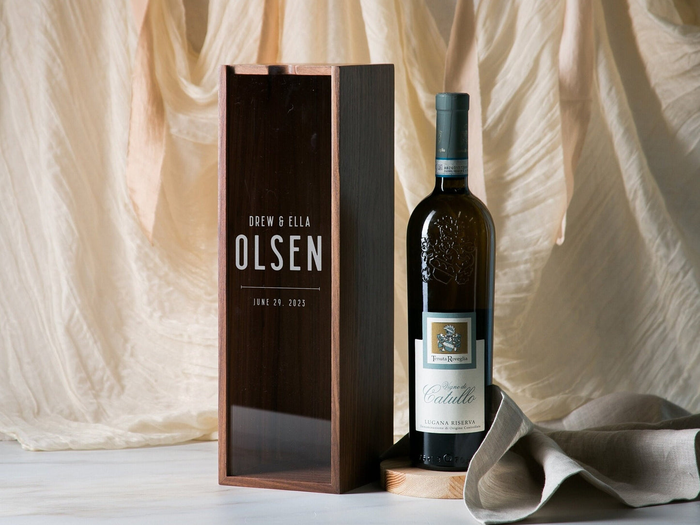 Acrylic Lid Wine Box (Design 3) - Personalized Walnut Wood Champagne Bottle Box Engagement Wedding 5th Anniversary Gift, Teacher Gift