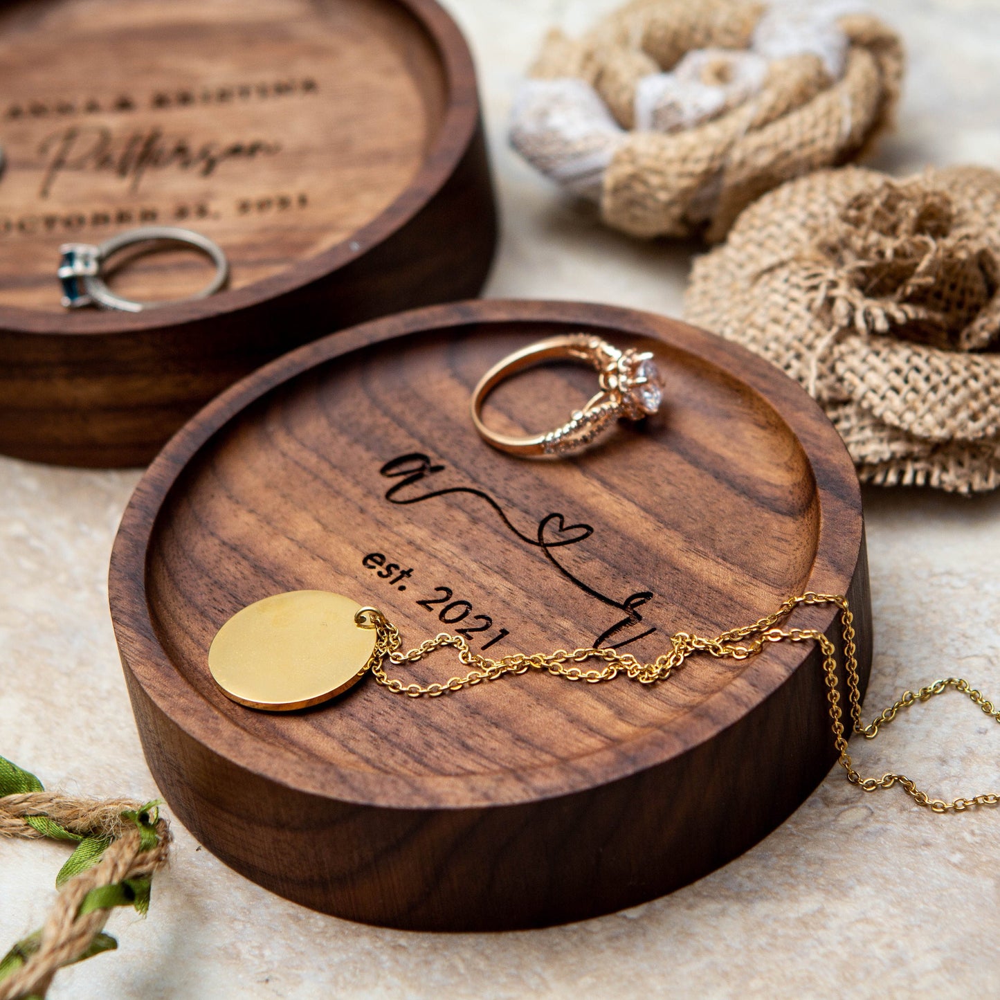 Round Wood Ring Dish - Small Jewelry Tray, Gift for Engagement, Anniversary Gift for Husband Wife, Gift for Dad Friends Teacher Appreciation