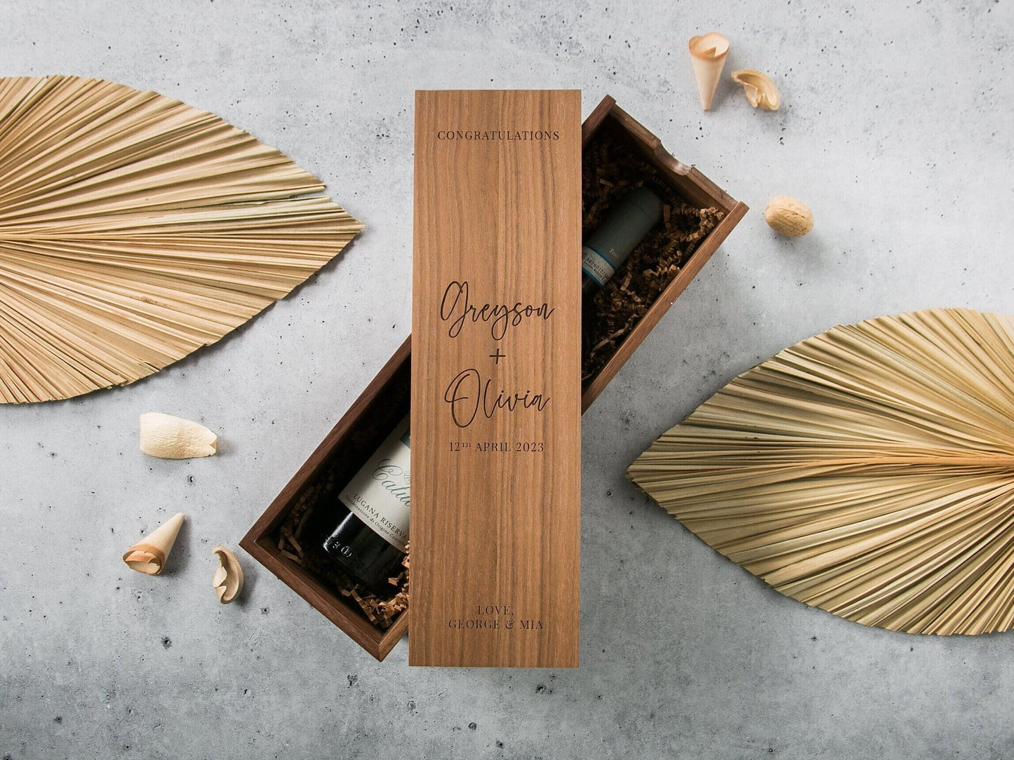 Wood Wine Box (Design 1) - Congratulations - Walnut Pine Wine Champagne Box, Engagement Wedding Gift for the Bride & Groom Honeymoon Gift CP
