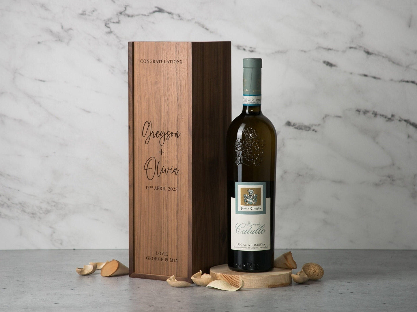 Wood Wine Box (Design 1) - Congratulations - Walnut Pine Wine Champagne Box, Engagement Wedding Gift for the Bride & Groom Honeymoon Gift CP