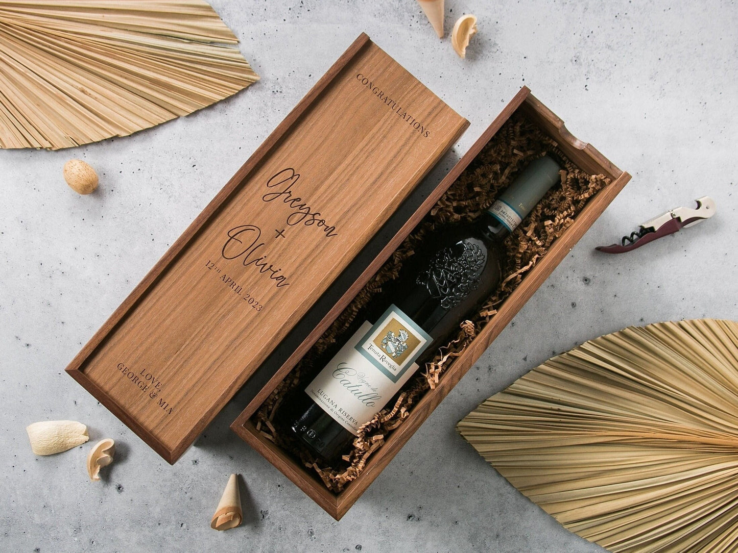 Wood Wine Box (Design 1) - Congratulations - Walnut Pine Wine Champagne Box, Engagement Wedding Gift for the Bride & Groom Honeymoon Gift CP