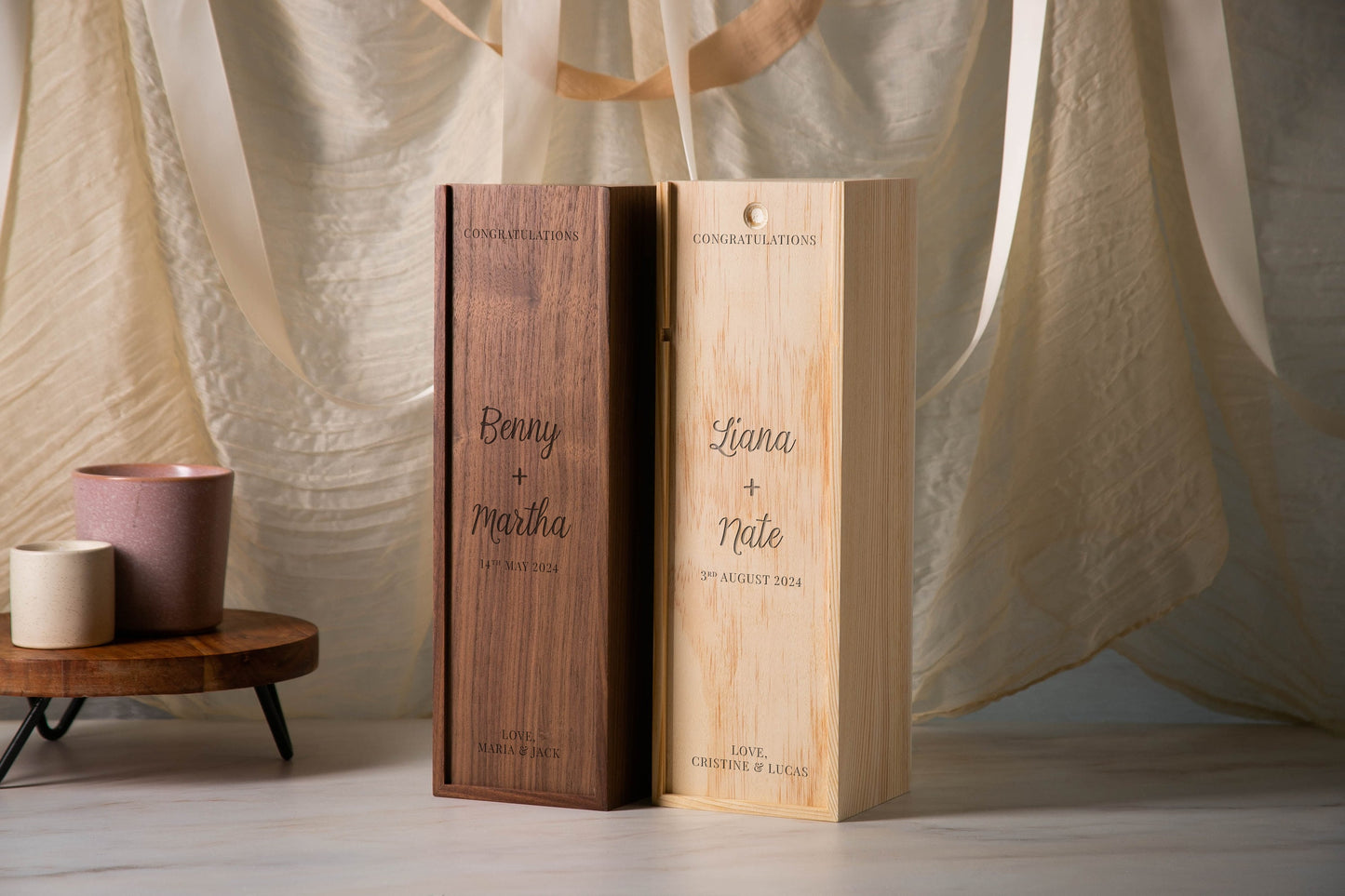 Wood Wine Box (Design 1) - Congratulations - Walnut Pine Wine Champagne Box, Engagement Wedding Gift for the Bride & Groom Honeymoon Gift CP