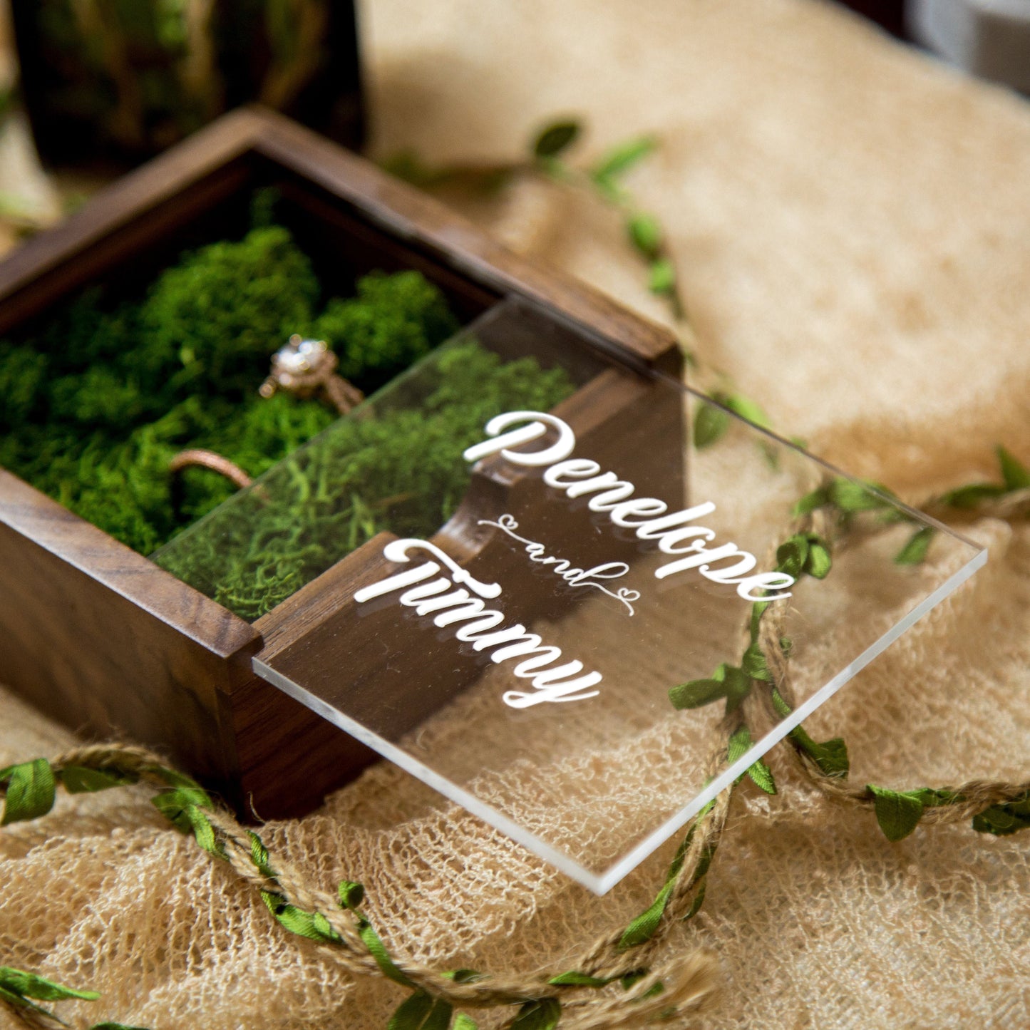 Square Ring Bearer Box with Clear Lid and Moss - Rustic Wedding Ceremony Ring Pillow Alternative | Ring Display Decor | Photography Prop