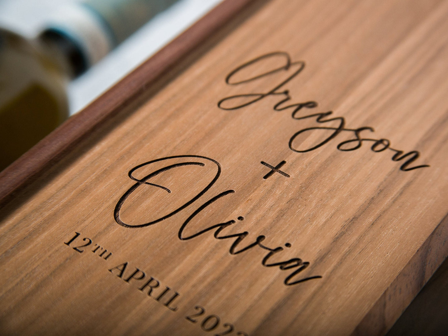 Wood Wine Box (Design 1) - Congratulations - Walnut Pine Wine Champagne Box, Engagement Wedding Gift for the Bride & Groom Honeymoon Gift CP