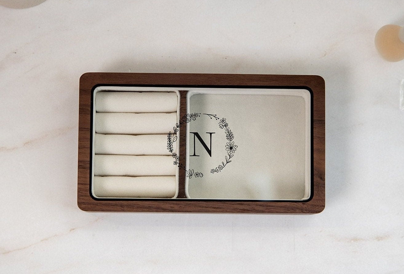 Wood Jewelry Box w/ Glass Lid (Design 1 Black) - Custom Wood Women's Ring Earrings Bracelet Case Storage Holder Organizer Girlfriend Gift