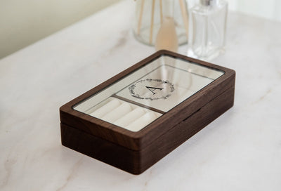 Wood Jewelry Box w/ Glass Lid (Design 1 Black) - Custom Wood Women's Ring Earrings Bracelet Case Storage Holder Organizer Girlfriend Gift