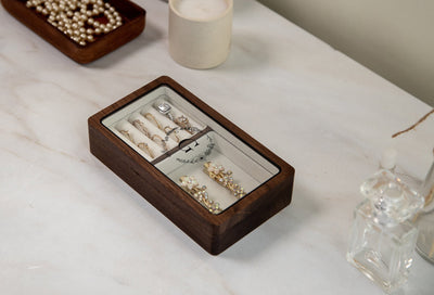 Wood Jewelry Box w/ Glass Lid (Design 1 Black) - Custom Wood Women's Ring Earrings Bracelet Case Storage Holder Organizer Girlfriend Gift