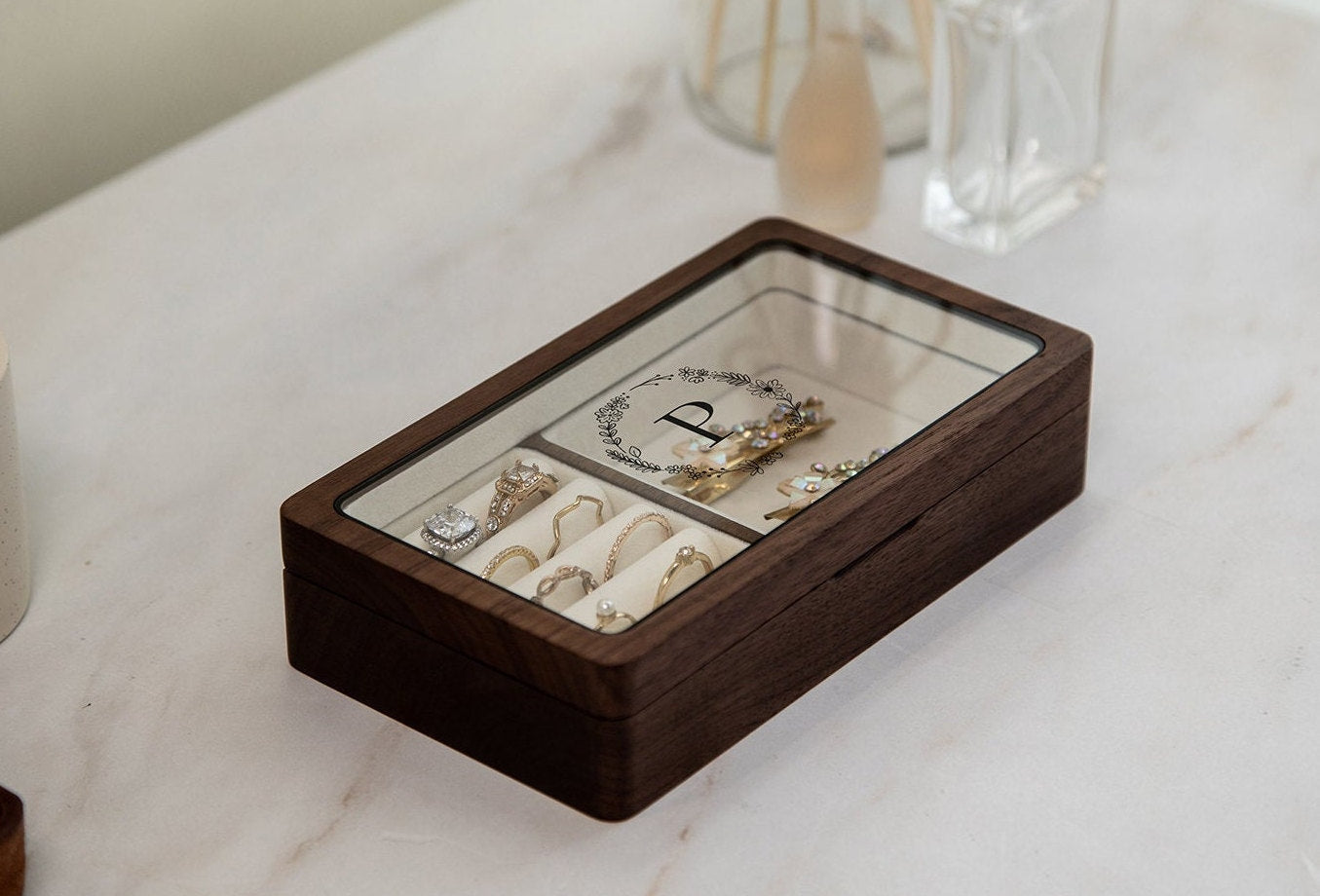 Wood Jewelry Box w/ Glass Lid (Design 1 Black) - Custom Wood Women's Ring Earrings Bracelet Case Storage Holder Organizer Girlfriend Gift