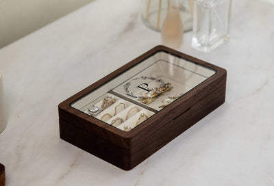 Wood Jewelry Box w/ Glass Lid (Design 1 Black) - Custom Wood Women's Ring Earrings Bracelet Case Storage Holder Organizer Girlfriend Gift