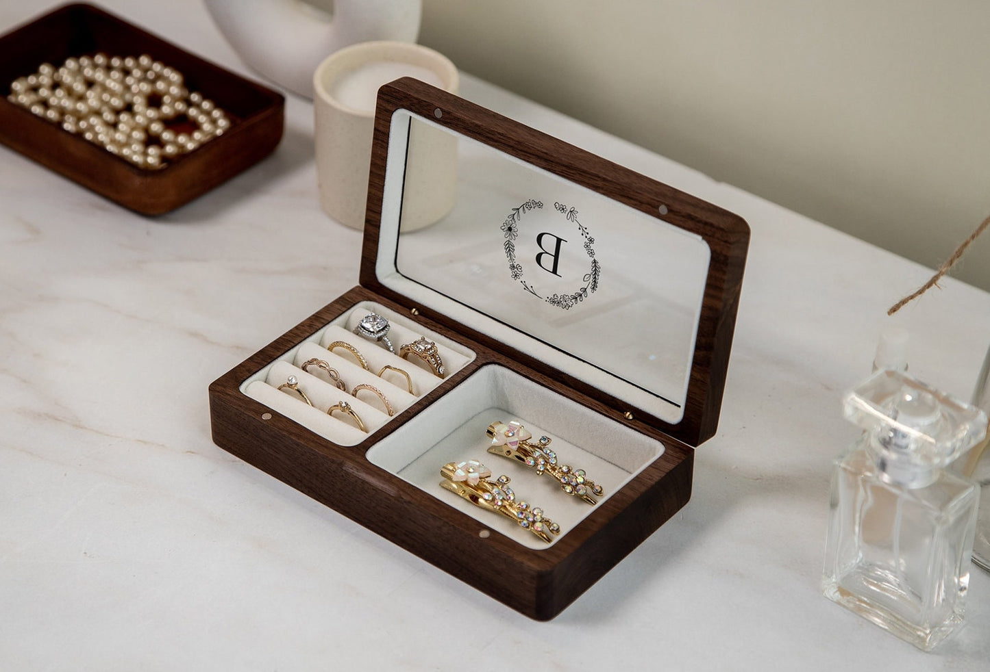 Wood Jewelry Box w/ Glass Lid (Design 1 Black) - Custom Wood Women's Ring Earrings Bracelet Case Storage Holder Organizer Girlfriend Gift