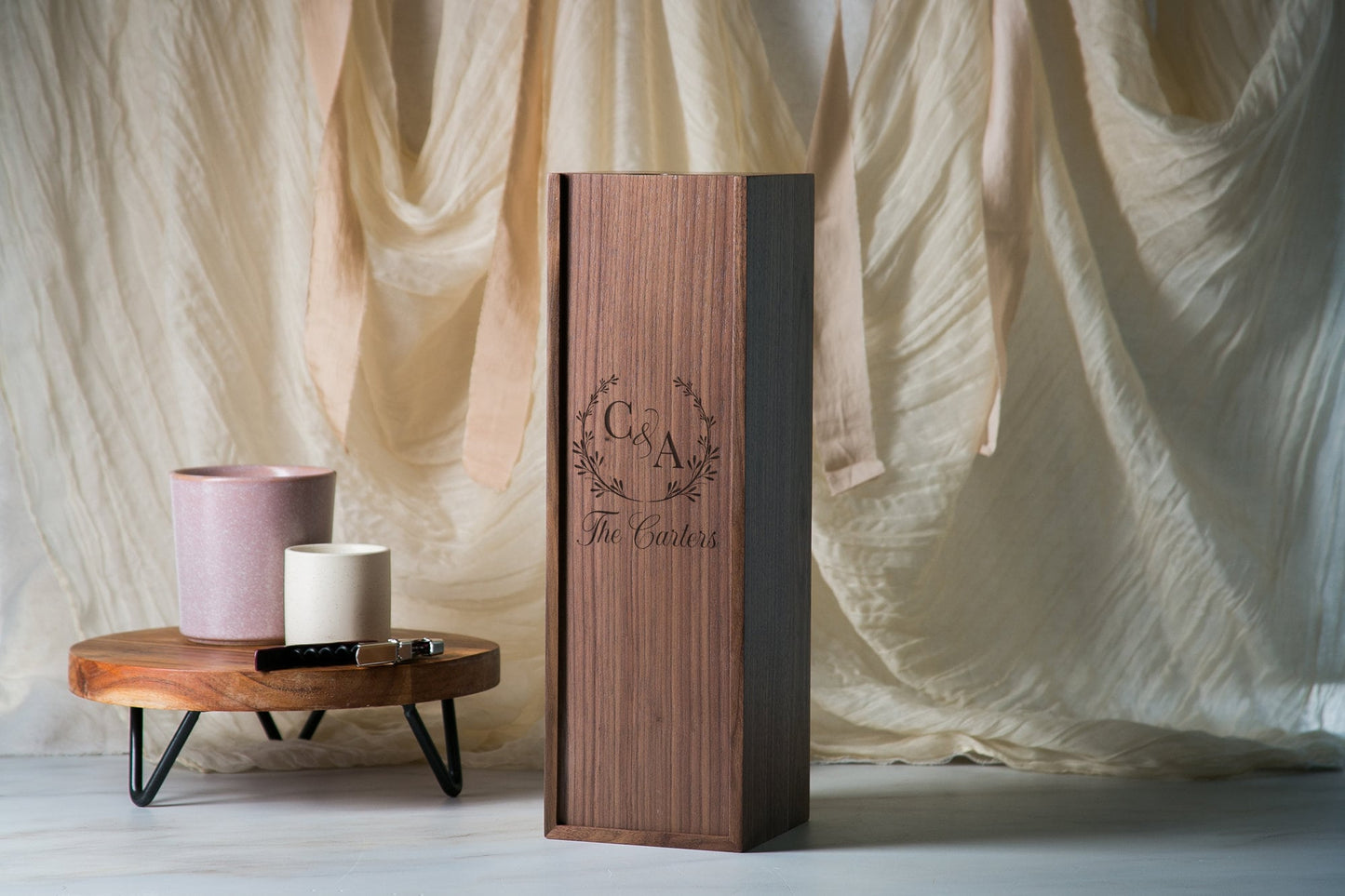 Wood Wine Box (Design 6) - Personalized Wedding Engagement Bridal Shower Custom Engraved Congratulatory Gift for Newlywed Couple Bride Groom