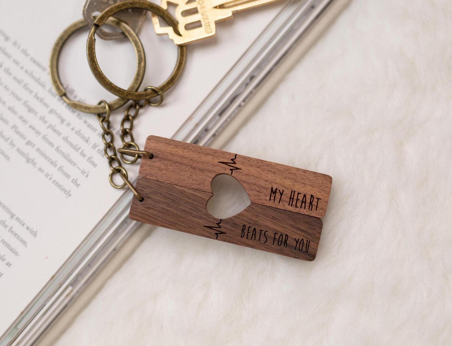 Engraved Heart Keychain Sets - My Heart Beats For You Matching Set of 2 Split Heart Wooden Key Rings with Magnets, Small Gift For Boyfriend