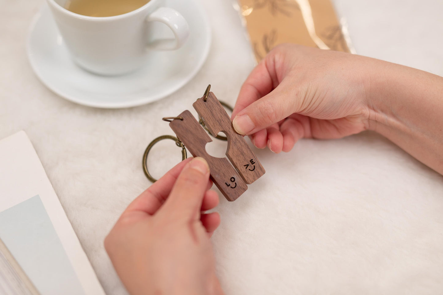 Engraved Heart Keychain Sets - LOVE Smiley Emoji Matching Set of 2 Split Heart Wooden Key Rings with Magnets For Boyfriend Girlfriend