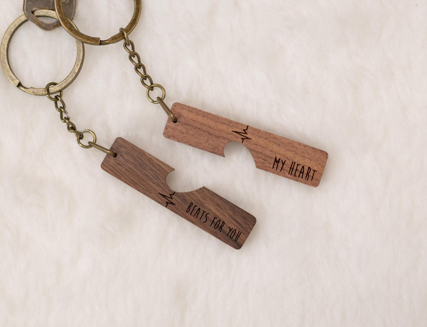 Engraved Heart Keychain Sets - My Heart Beats For You Matching Set of 2 Split Heart Wooden Key Rings with Magnets, Small Gift For Boyfriend