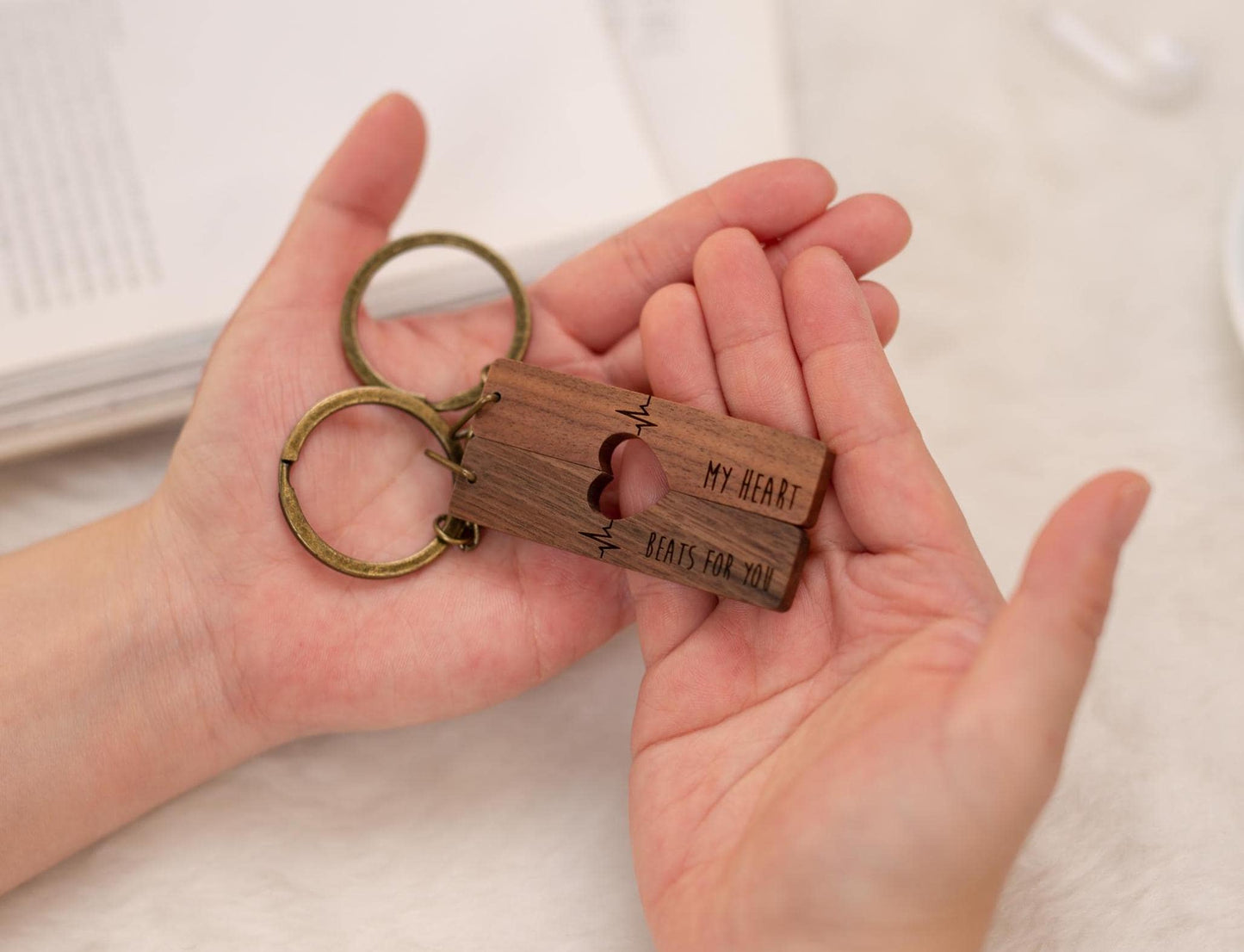Engraved Heart Keychain Sets - My Heart Beats For You Matching Set of 2 Split Heart Wooden Key Rings with Magnets, Small Gift For Boyfriend