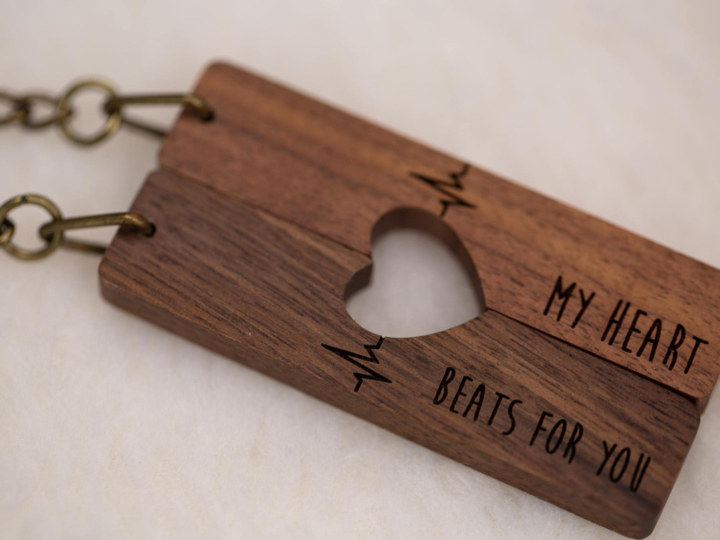 Engraved Heart Keychain Sets - My Heart Beats For You Matching Set of 2 Split Heart Wooden Key Rings with Magnets, Small Gift For Boyfriend