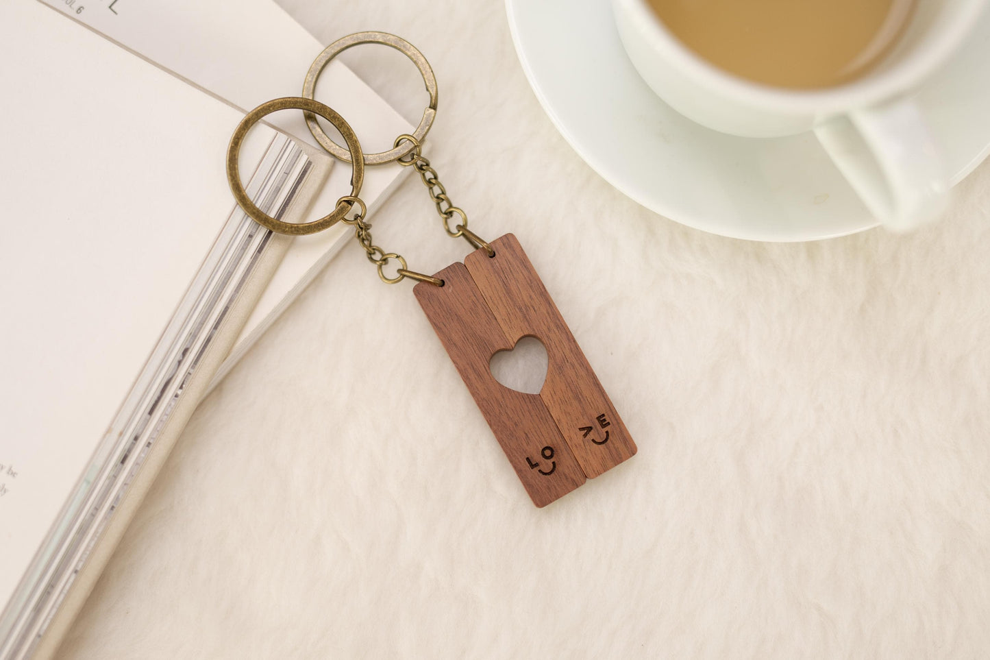 Engraved Heart Keychain Sets - LOVE Smiley Emoji Matching Set of 2 Split Heart Wooden Key Rings with Magnets For Boyfriend Girlfriend