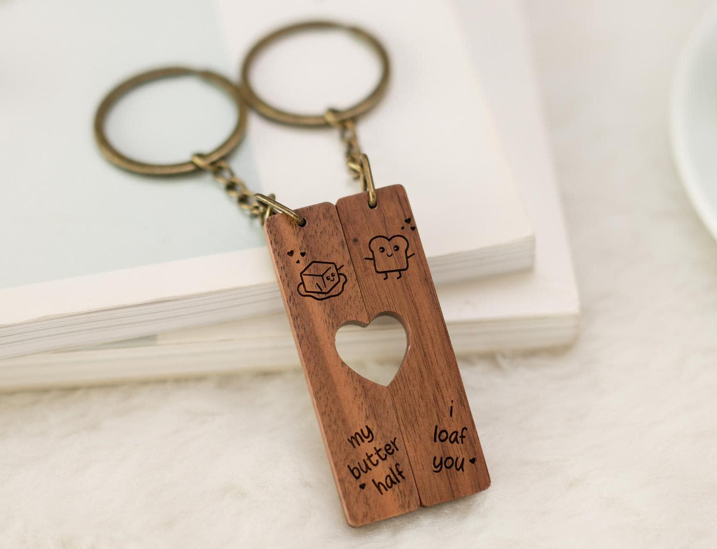 Engraved Heart Keychain Sets - I Loaf You My Butter Half Matching Set of 2 Split Heart Wooden Key Rings with Magnets, Shareable Keychains