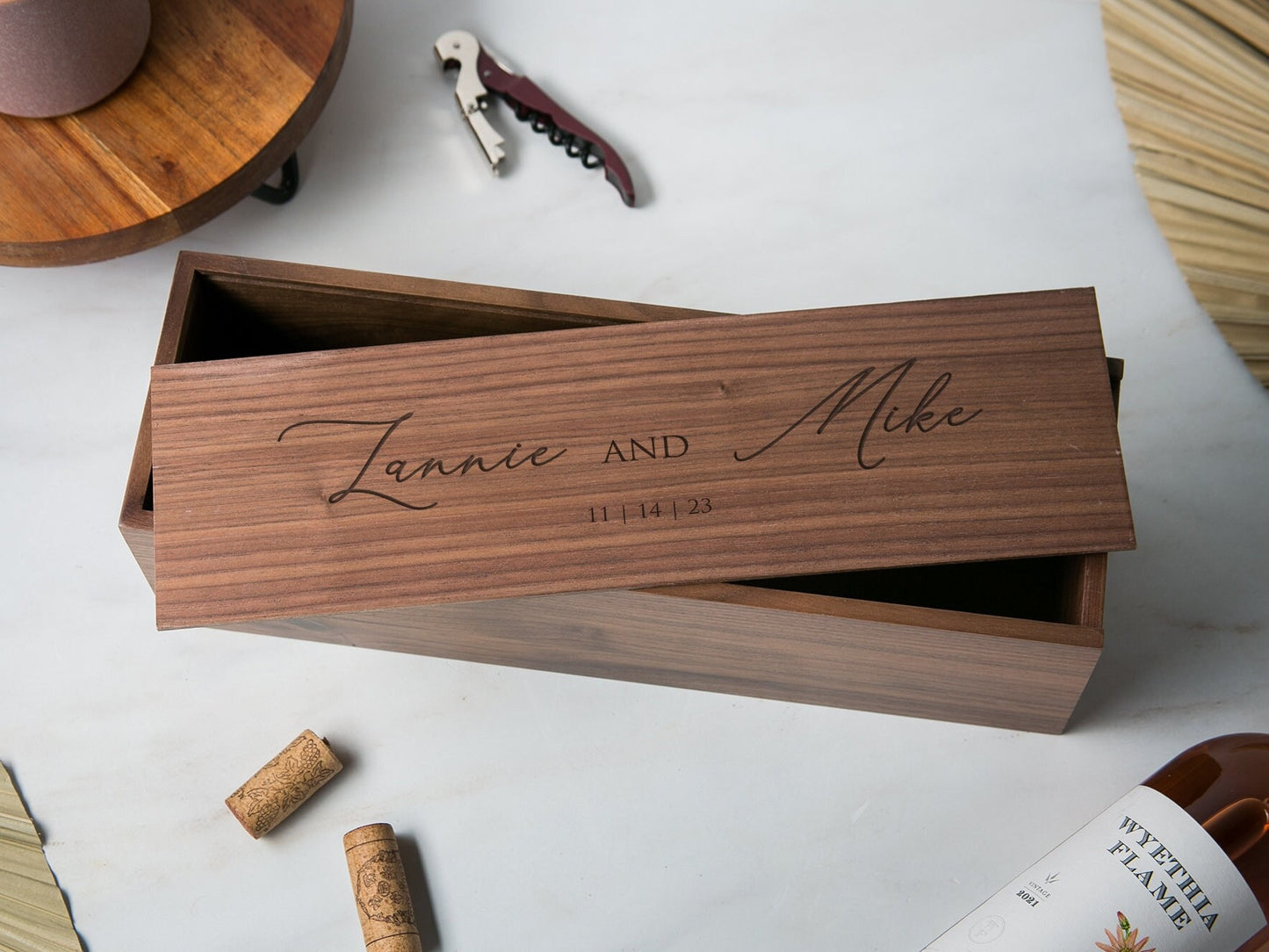 Wood Wine Box (Design 10) - Personalized Wine or Champagne Gift Box, Congratulatory Gift for Bride Groom Wedding Wine Box, Teachers Gift