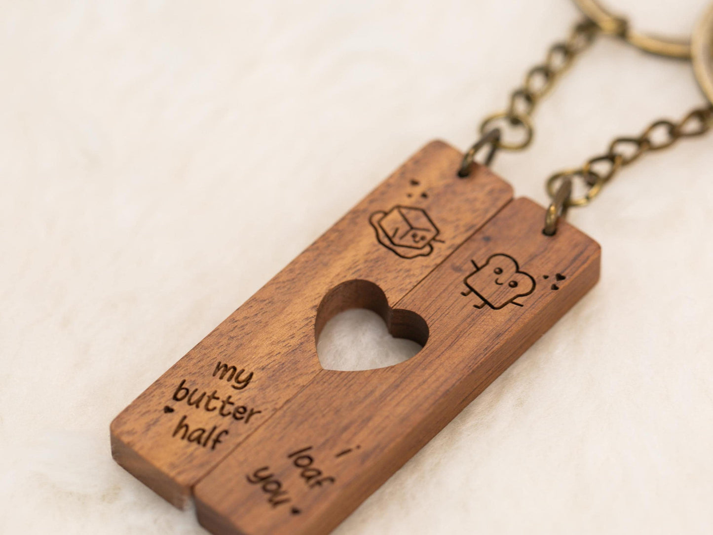 Engraved Heart Keychain Sets - I Loaf You My Butter Half Matching Set of 2 Split Heart Wooden Key Rings with Magnets, Shareable Keychains