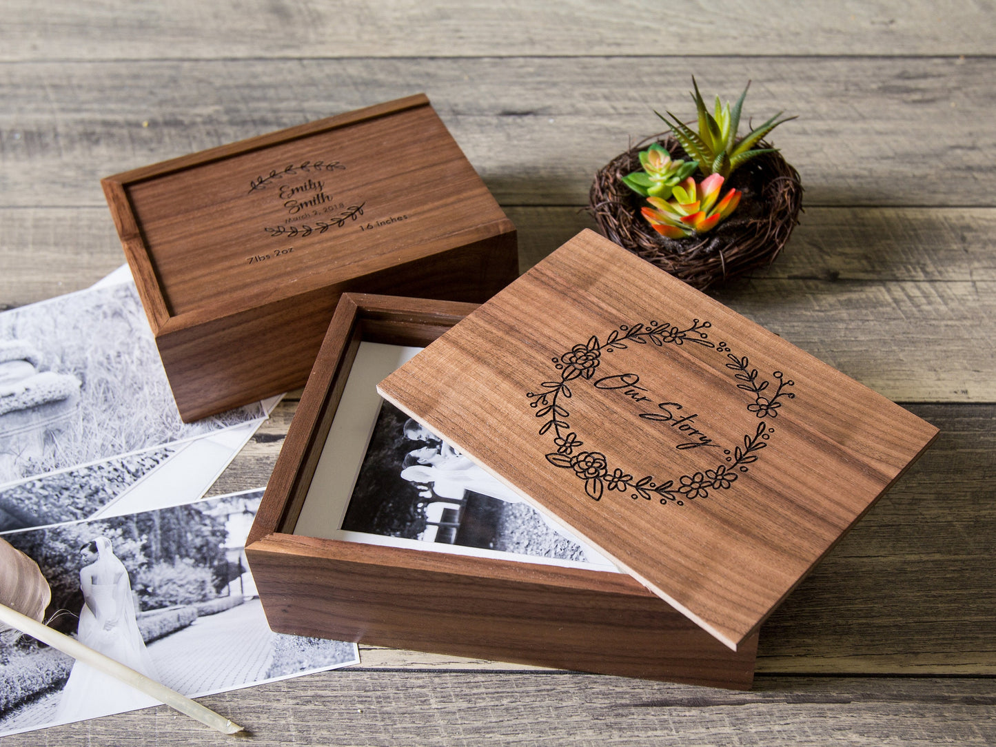 4x6" Wood Photo Memory Box - Wedding or Engagement Print Storage, Keepsake Box for Anniversary, Letter Gift Box for Her Him Wife Husband