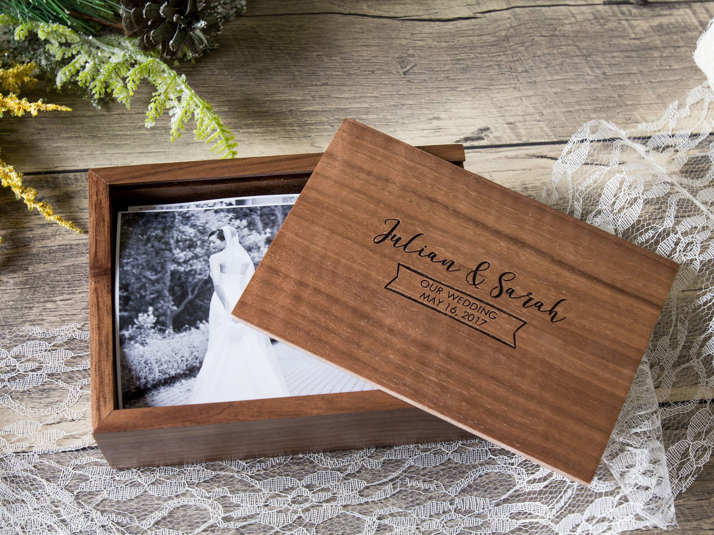 4x6" Wood Photo Memory Box - Wedding or Engagement Print Storage, Keepsake Box for Anniversary, Letter Gift Box for Her Him Wife Husband