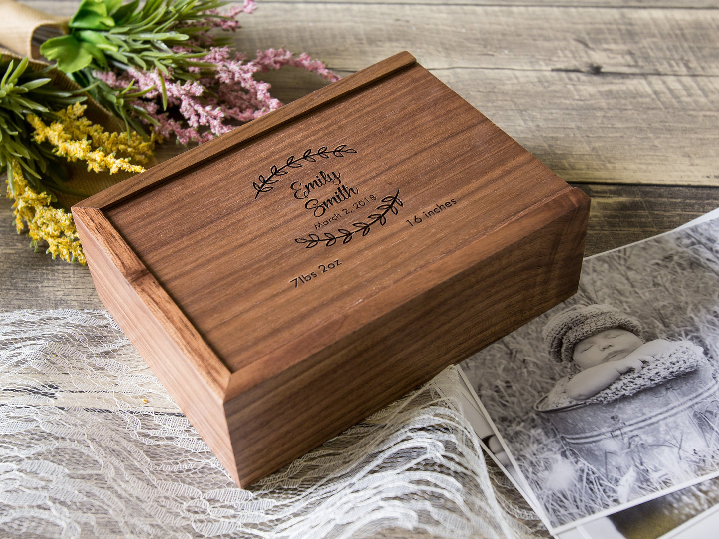 4x6" Wood Photo Memory Box - Wedding or Engagement Print Storage, Keepsake Box for Anniversary, Letter Gift Box for Her Him Wife Husband