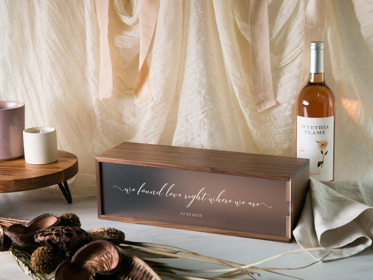 Acrylic Lid Wine Box (Design 7) - Personalized Champagne Display Case Meaningful Lyrics Anniversary Gift, We Found Love Right Where We Are