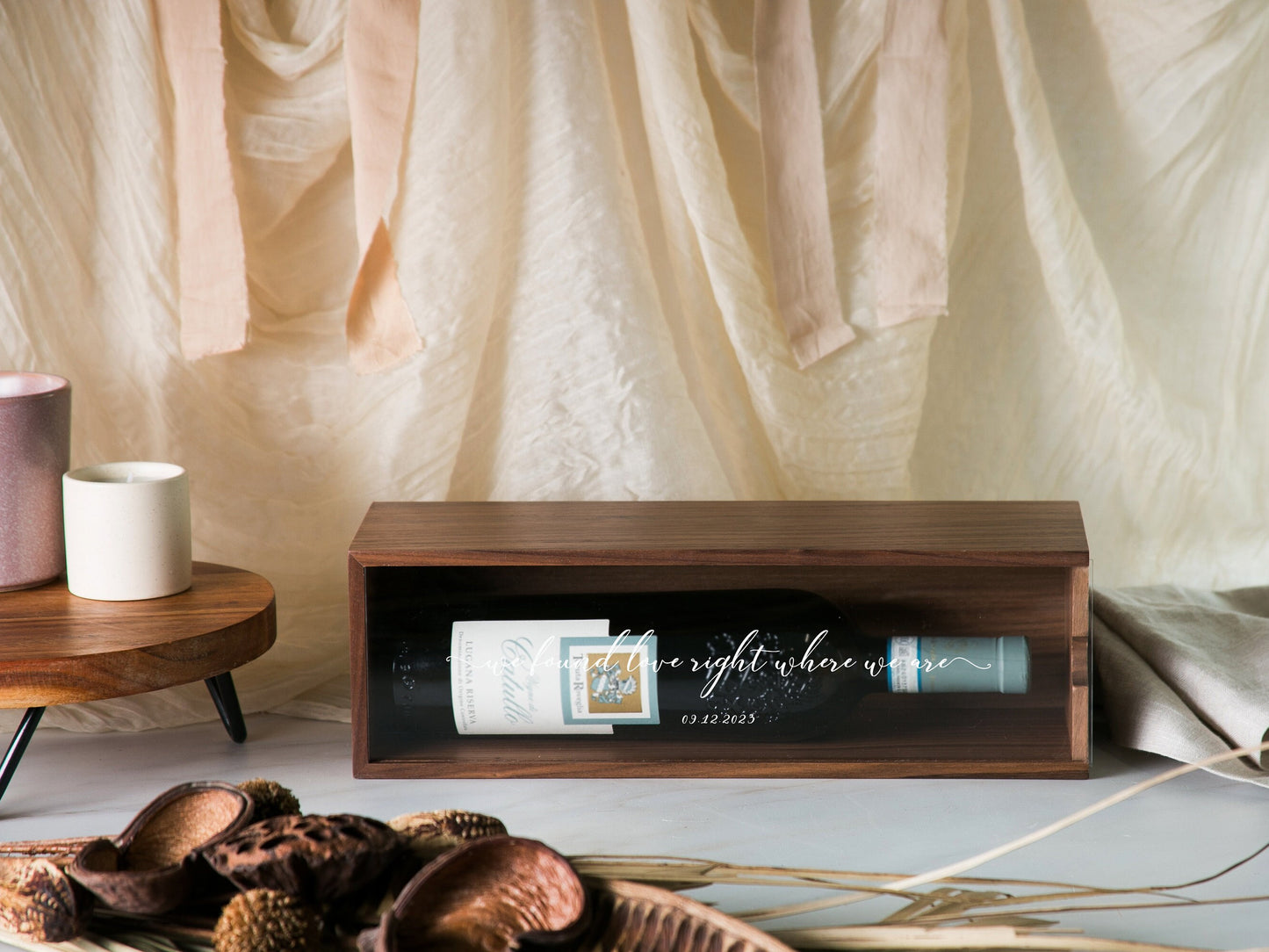Acrylic Lid Wine Box (Design 7) - Personalized Champagne Display Case Meaningful Lyrics Anniversary Gift, We Found Love Right Where We Are