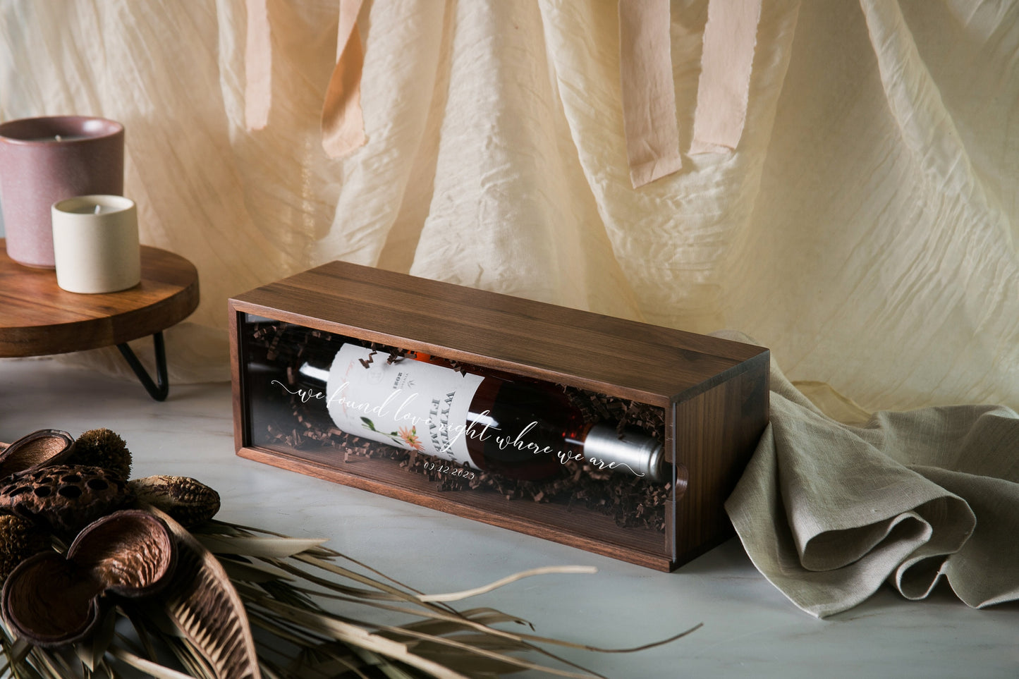 Acrylic Lid Wine Box (Design 7) - Personalized Champagne Display Case Meaningful Lyrics Anniversary Gift, We Found Love Right Where We Are