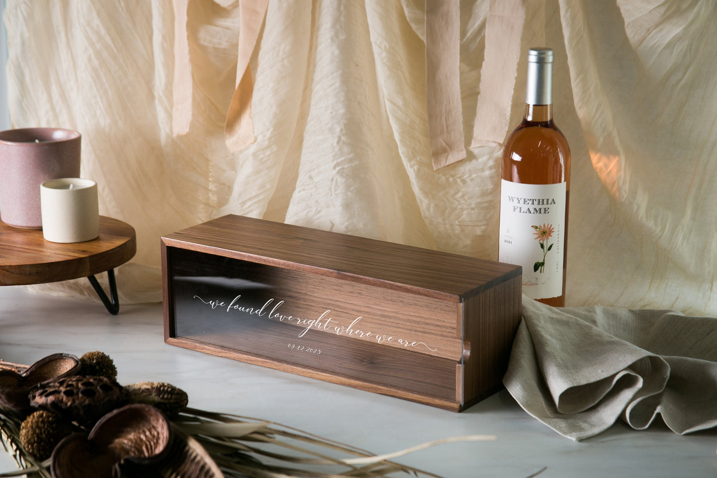 Acrylic Lid Wine Box (Design 7) - Personalized Champagne Display Case Meaningful Lyrics Anniversary Gift, We Found Love Right Where We Are