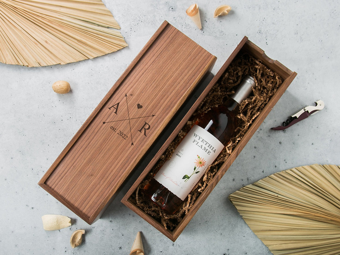 Wood Wine Box (Design 2) - Walnut Wood Port Wine Champagne Box, Engagement Wedding Anniversary Gift for Bride & Groom Couples Honeymoon Gift