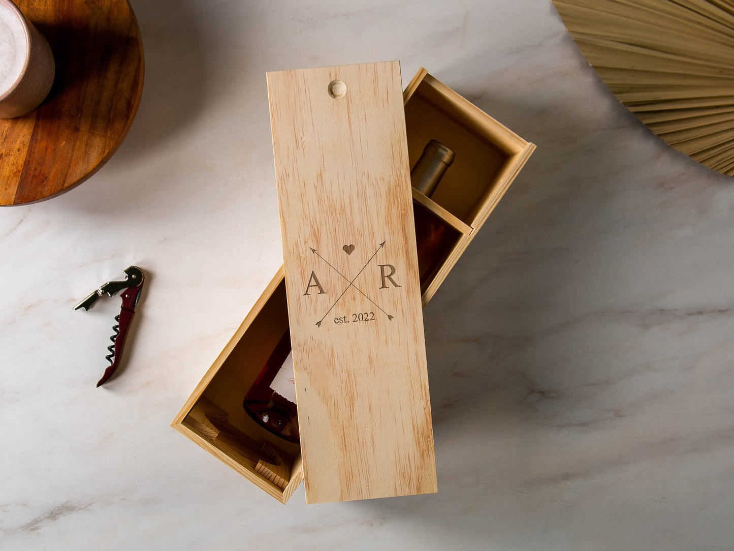 Wood Wine Box (Design 2) - Walnut Wood Port Wine Champagne Box, Engagement Wedding Anniversary Gift for Bride & Groom Couples Honeymoon Gift