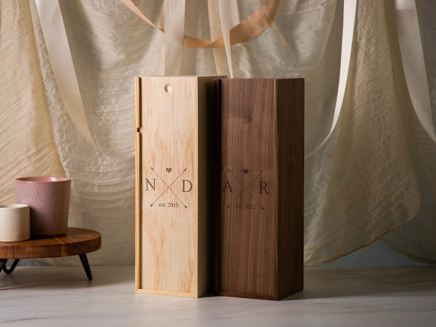 Wood Wine Box (Design 2) - Walnut Wood Port Wine Champagne Box, Engagement Wedding Anniversary Gift for Bride & Groom Couples Honeymoon Gift