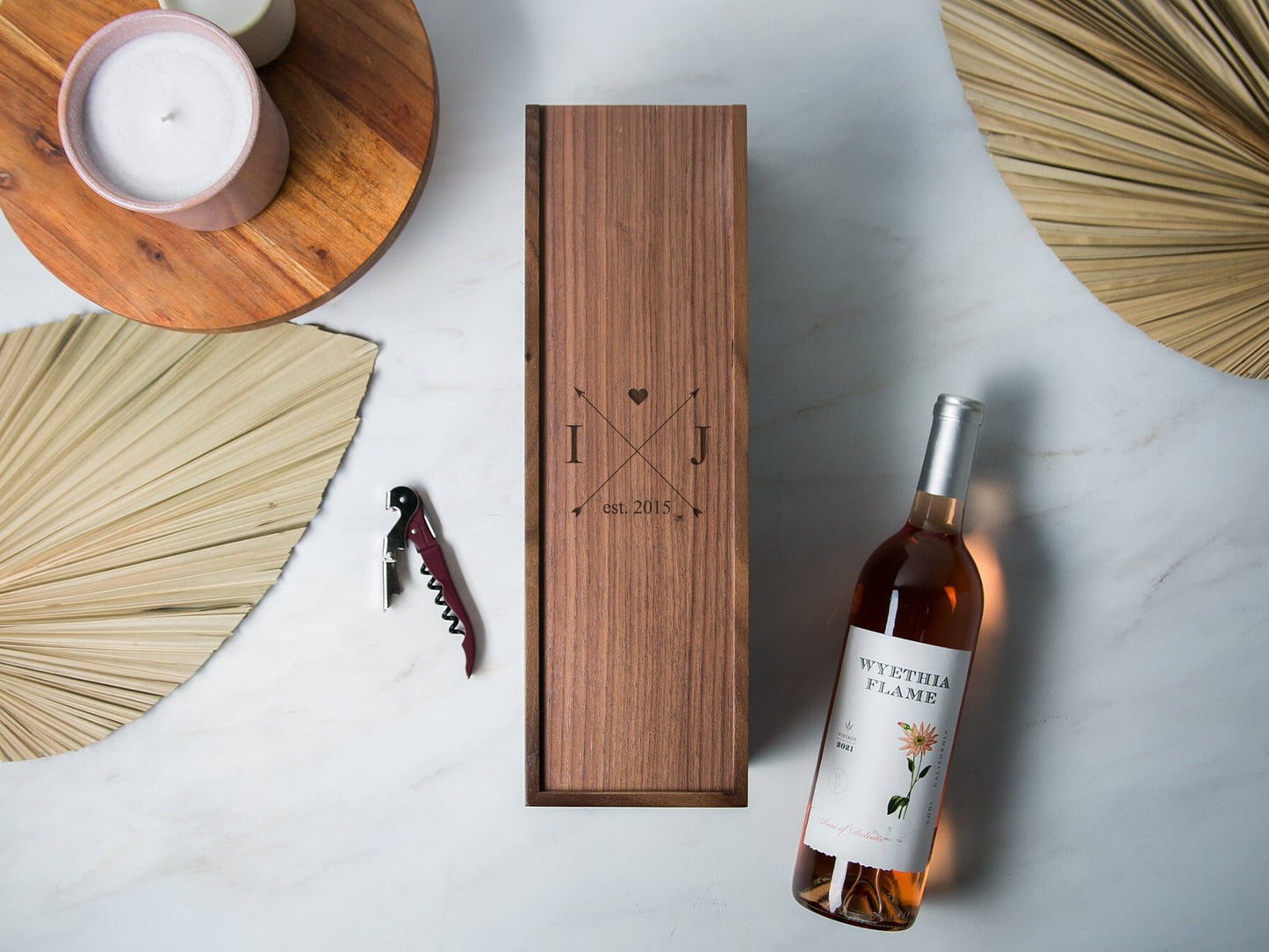 Wood Wine Box (Design 2) - Walnut Wood Port Wine Champagne Box, Engagement Wedding Anniversary Gift for Bride & Groom Couples Honeymoon Gift