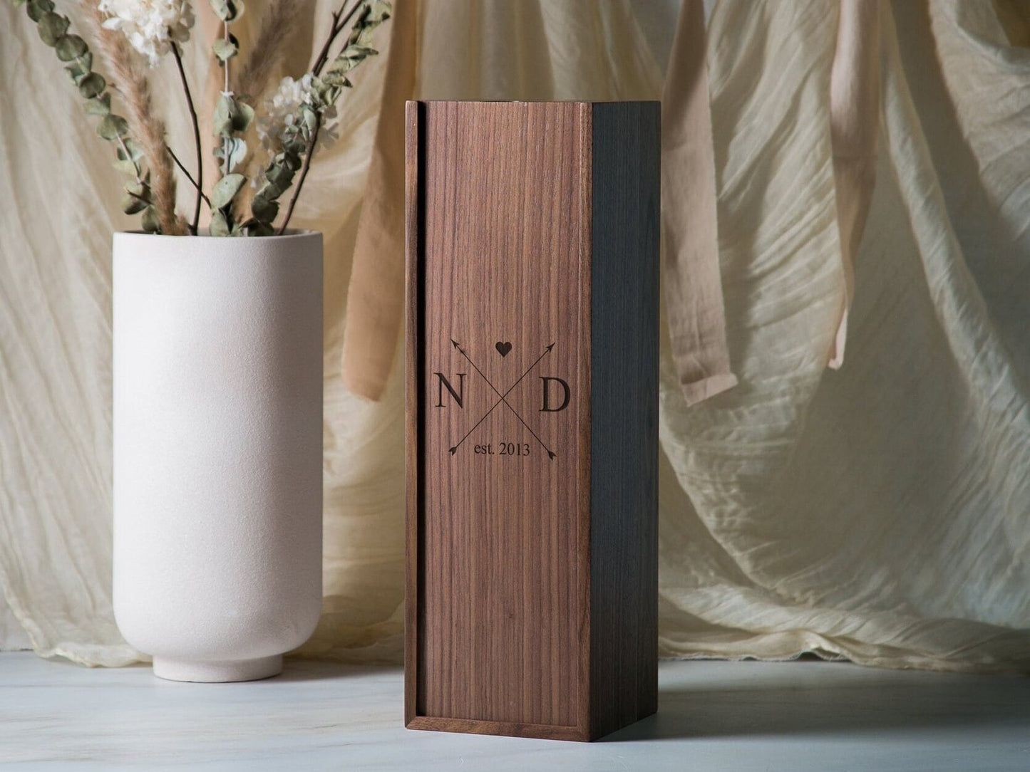 Wood Wine Box (Design 2) - Walnut Wood Port Wine Champagne Box, Engagement Wedding Anniversary Gift for Bride & Groom Couples Honeymoon Gift