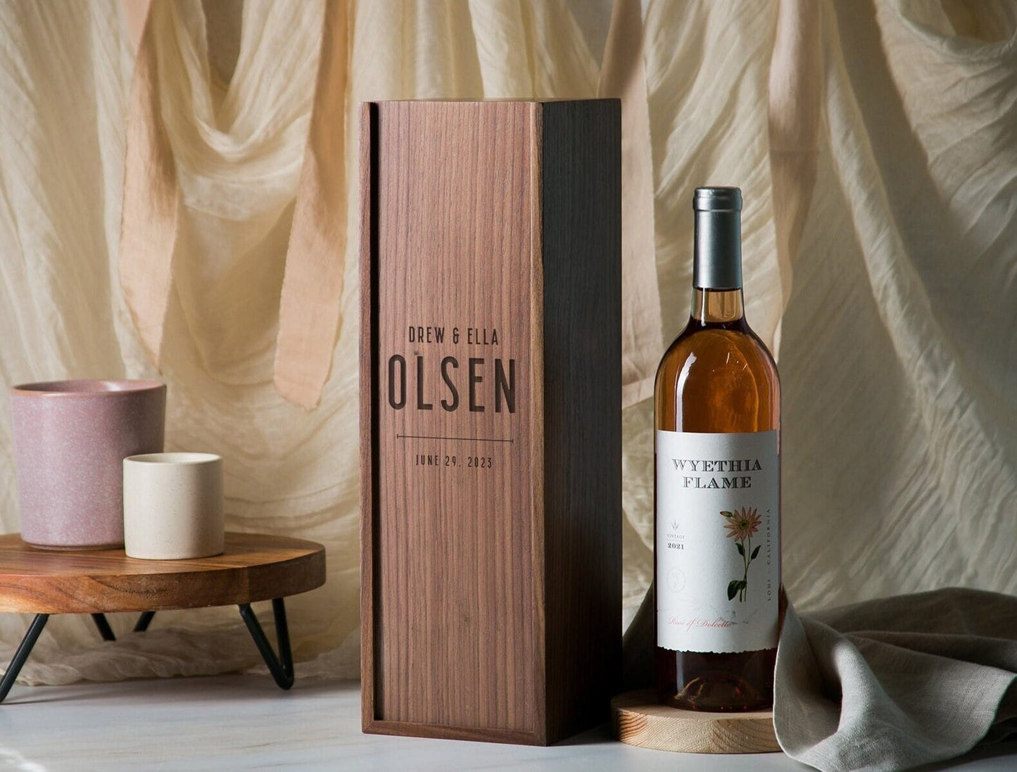 Wood Wine Box (Design 3) - Premium Walnut Wood Engraved Wine Gift Box 5th Anniversary Housewarming Congratulatory Gift for Husband Boyfriend