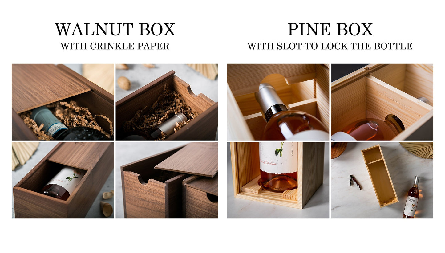 Wood Wine Box (Design 2) - Walnut Wood Port Wine Champagne Box, Engagement Wedding Anniversary Gift for Bride & Groom Couples Honeymoon Gift