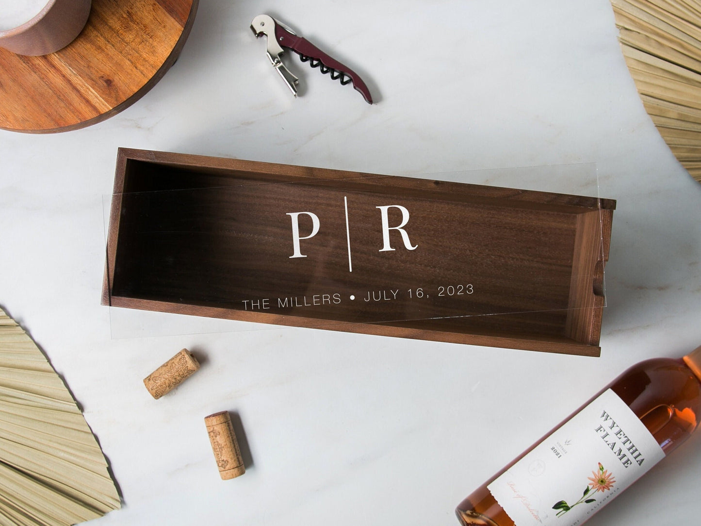 Acrylic Lid Wine Box (Design 12) - Custom Couples Gift for Bride & Groom Engagement Wedding Champagne Display Case Anniversary Housewarming