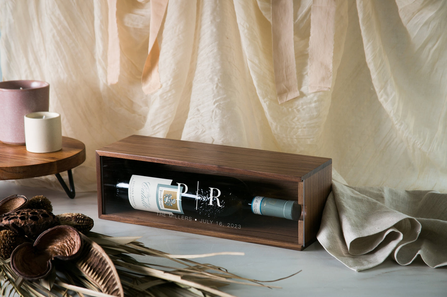 Acrylic Lid Wine Box (Design 12) - Custom Couples Gift for Bride & Groom Engagement Wedding Champagne Display Case Anniversary Housewarming
