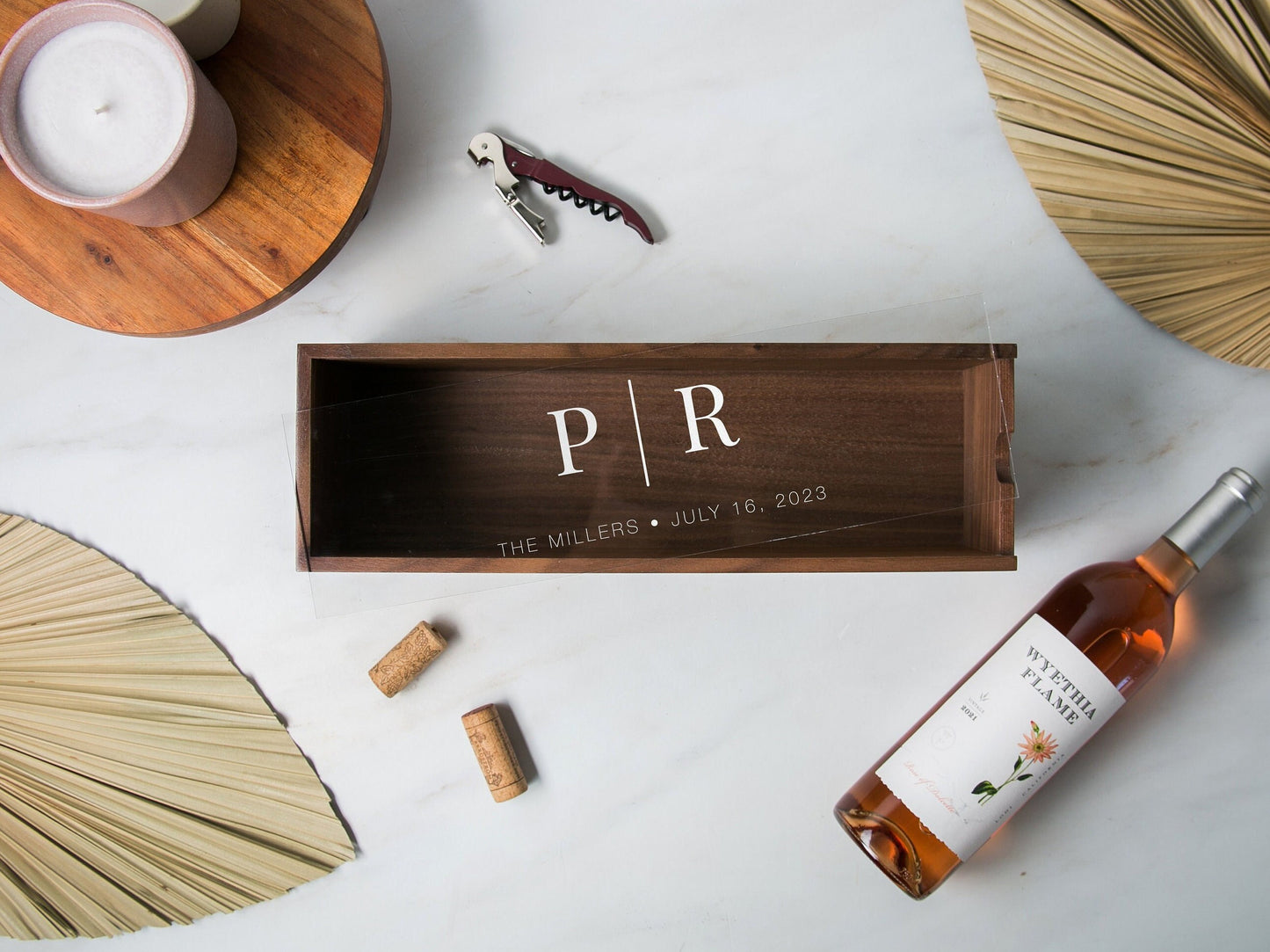 Acrylic Lid Wine Box (Design 12) - Custom Couples Gift for Bride & Groom Engagement Wedding Champagne Display Case Anniversary Housewarming