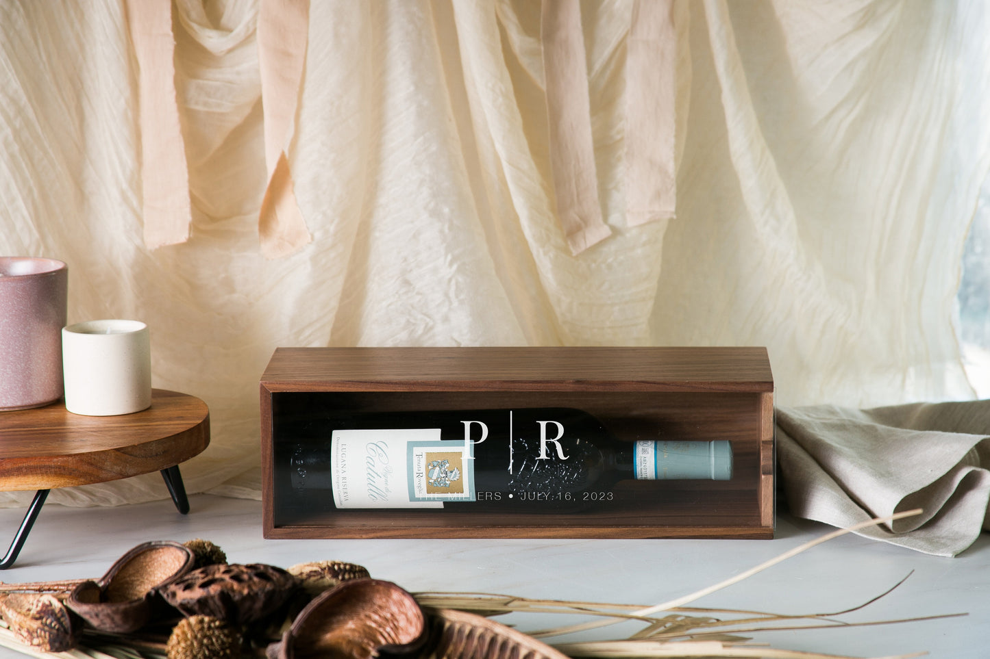 Acrylic Lid Wine Box (Design 12) - Custom Couples Gift for Bride & Groom Engagement Wedding Champagne Display Case Anniversary Housewarming