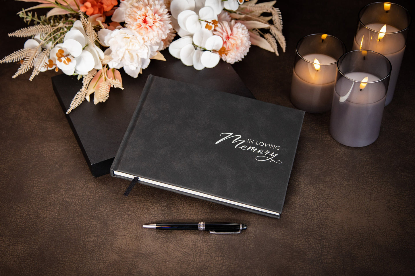 Funeral Guest Book (Design 1 - Ready To Ship) - Celebration of Life Wake Memorial Service Blank Guestbook Signing Registry w/ Photo Corners