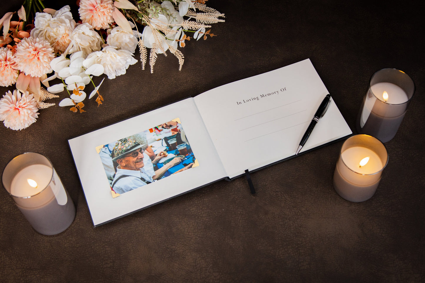 Funeral Guest Book (Design 1 - Ready To Ship) - Celebration of Life Wake Memorial Service Blank Guestbook Signing Registry w/ Photo Corners