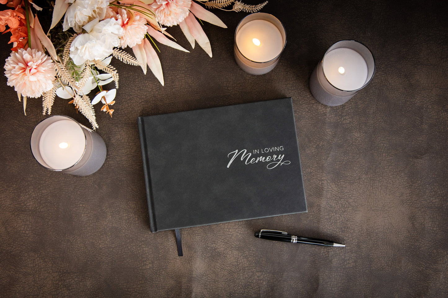 Funeral Guest Book (Design 1 - Ready To Ship) - Celebration of Life Wake Memorial Service Blank Guestbook Signing Registry w/ Photo Corners