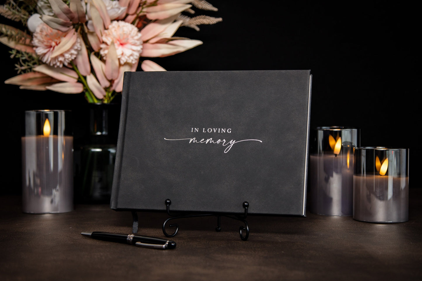 Funeral Guest Book (Design 2 - Ready To Ship) - Silver Embossed Black Guestbook w/ Pen & Photo Stickers Guest Registry for Memorial Service