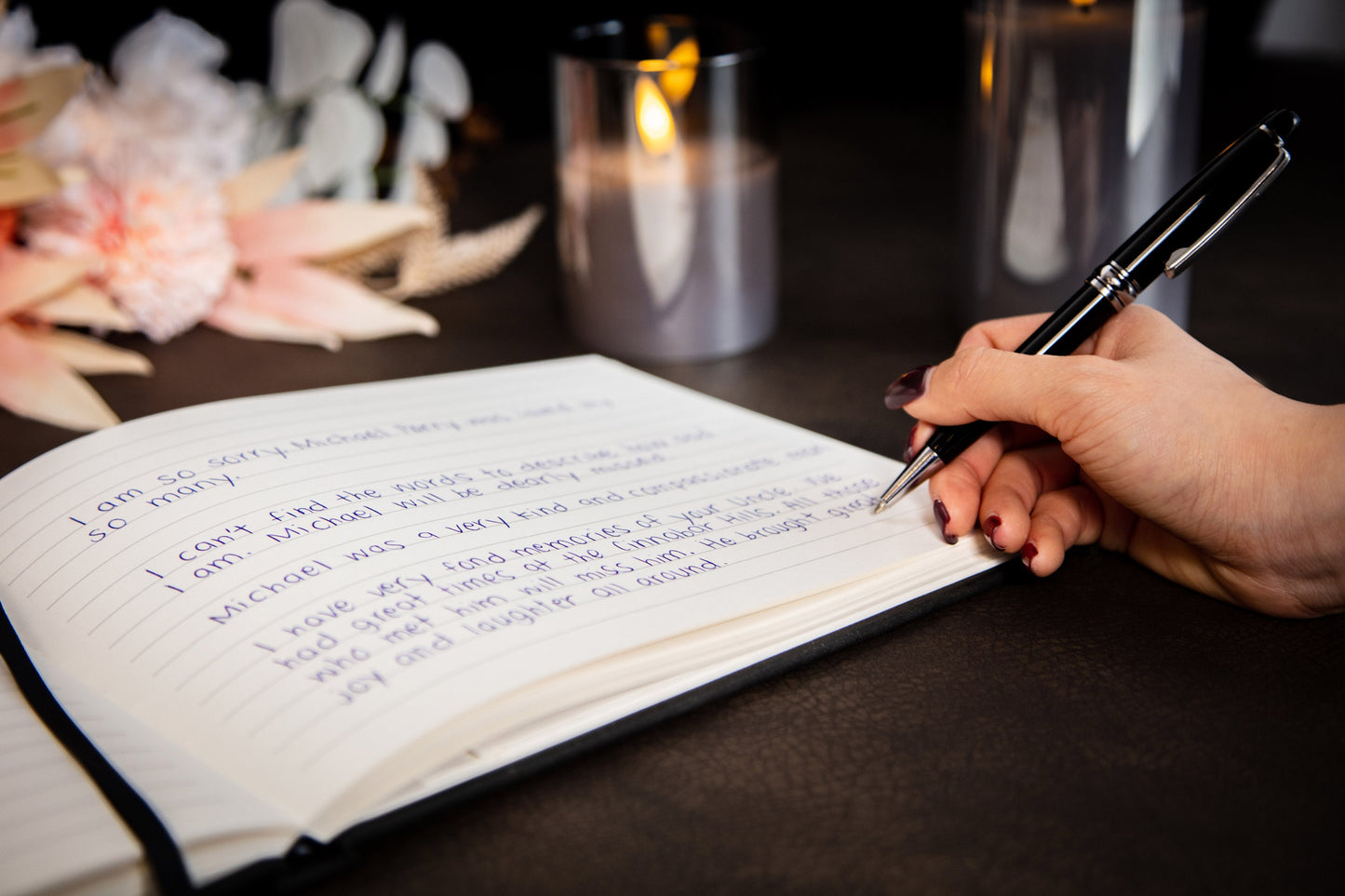 Funeral Guest Book (Design 2 - Ready To Ship) - Silver Embossed Black Guestbook w/ Pen & Photo Stickers Guest Registry for Memorial Service