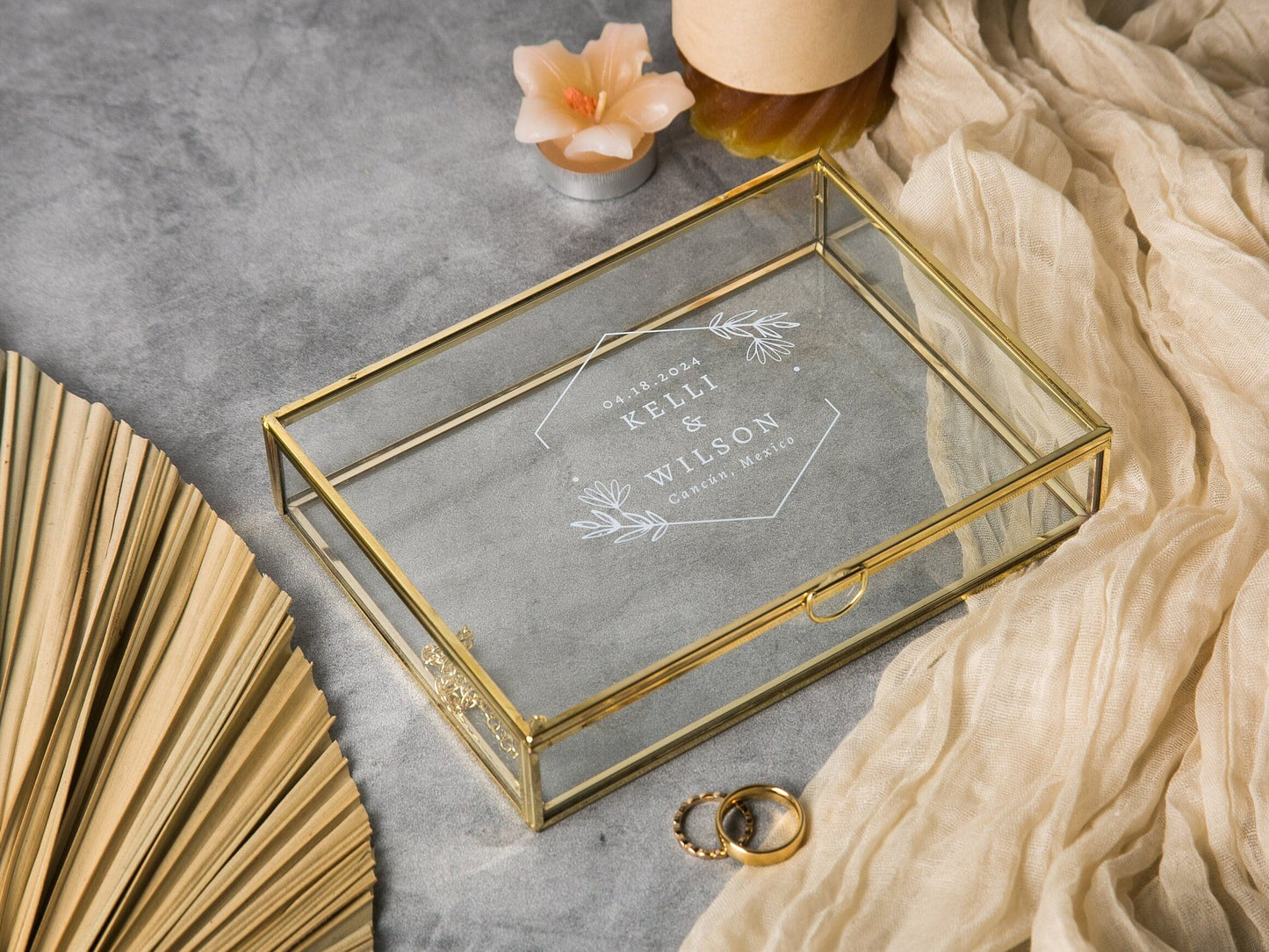 5x7" Gold Glass Photo Box - Optional Photo Mats, Picture Box, Box for Engagement Wedding Photography Gift Family Photo Box BFF Romantic Gift